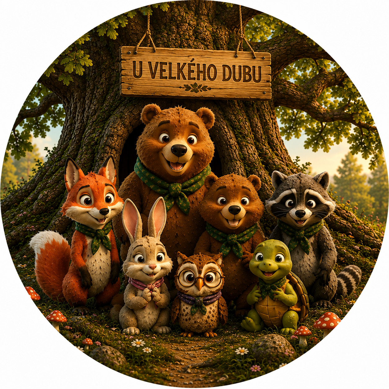 Logo U velkého dubu s pohádkovými zvířátky